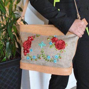 Wool and Leather Shoulder bag, Flower, Handmade